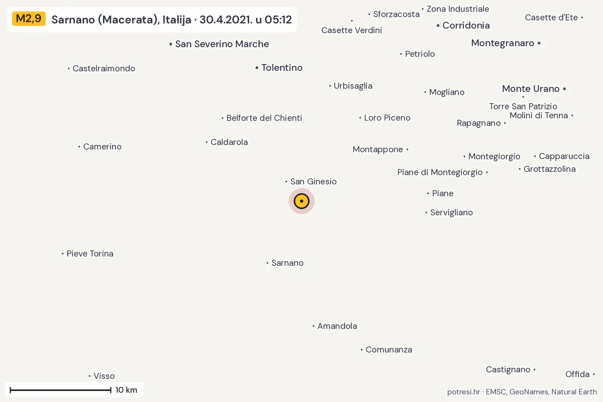 Karta: okolica epicentra, 60 km, potres M2,9, Sarnano (Macerata), Italija, 30.4.2021.