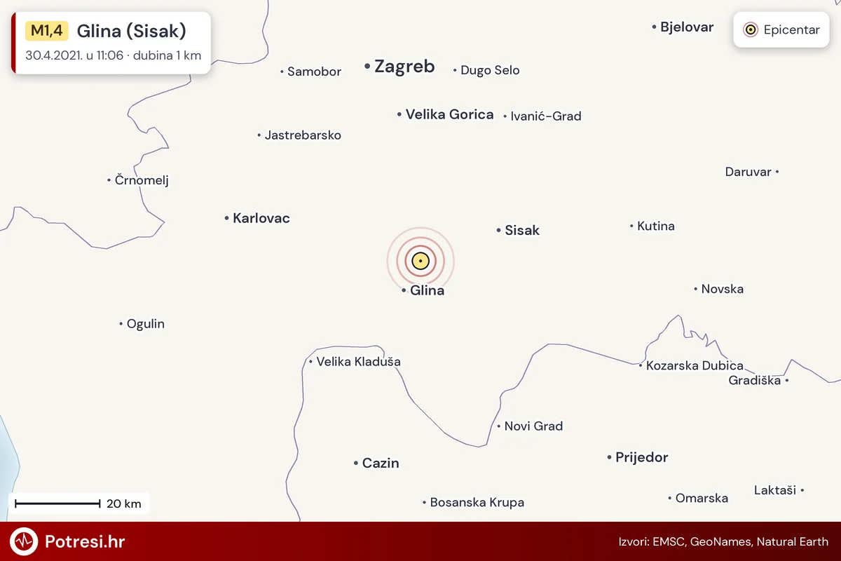 Karta: šire područje i vjerojatni doseg osjeta, potres M1,4, Glina (Sisak), 30.4.2021.