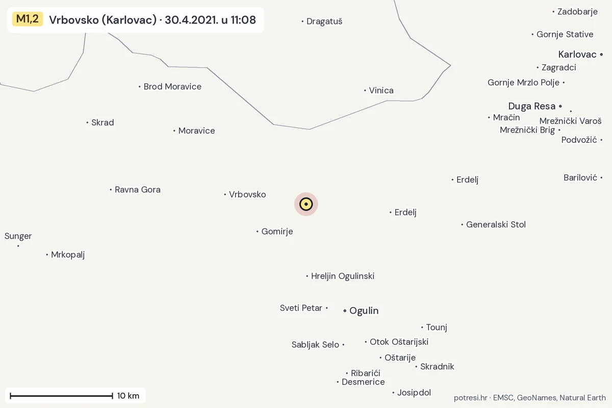 Karta: okolica epicentra, 60 km, potres M1,2, Vrbovsko (Karlovac), 30.4.2021.