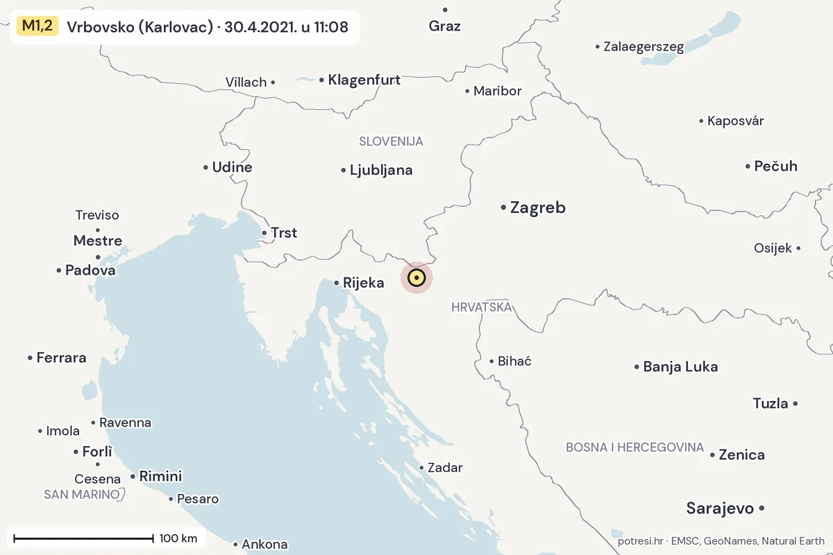 Karta: šire područje, 600 km, potres M1,2, Vrbovsko (Karlovac), 30.4.2021.