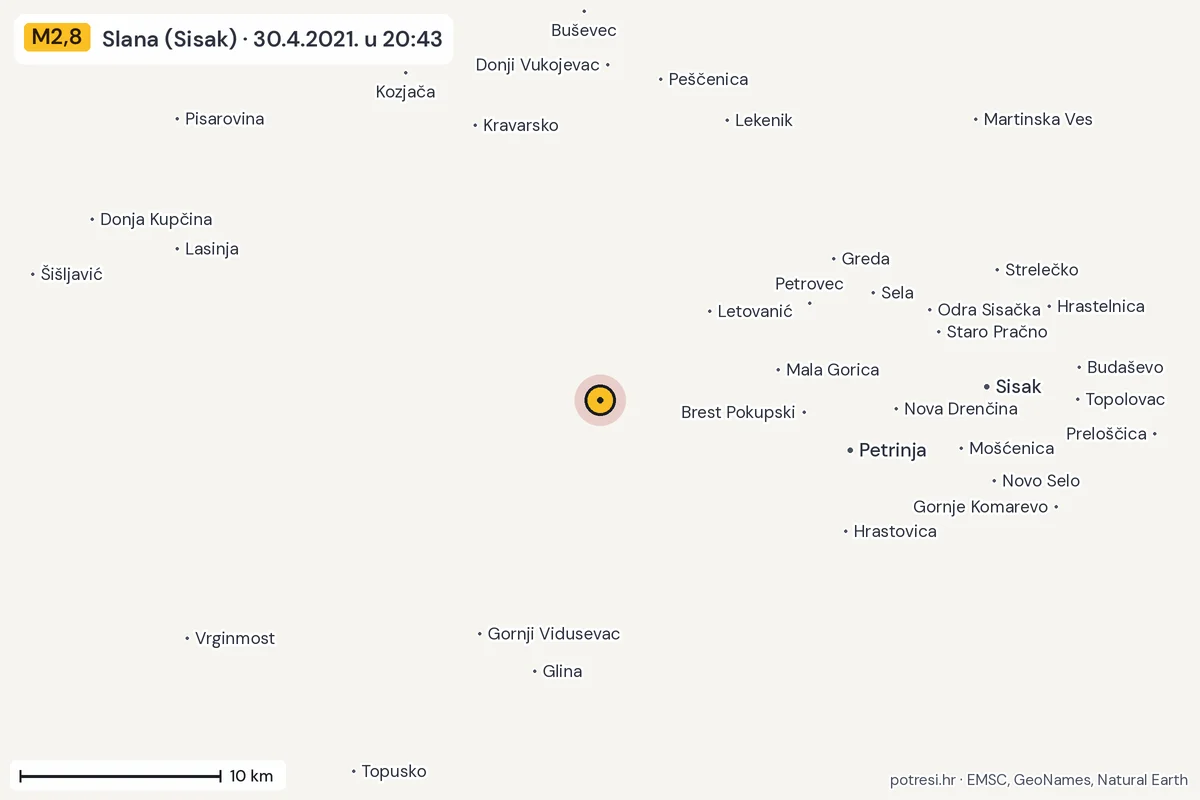 Karta: okolica epicentra, 60 km, potres M2,8, Slana (Sisak), 30.4.2021.