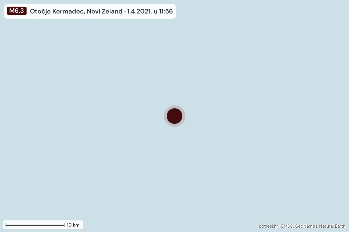 Karta: okolica epicentra, 60 km, potres M6,3, Otočje Kermadec, Novi Zeland, 1.4.2021.