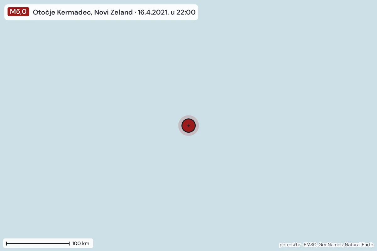 Karta: šire područje, 600 km, potres M5,0, Otočje Kermadec, Novi Zeland, 16.4.2021.