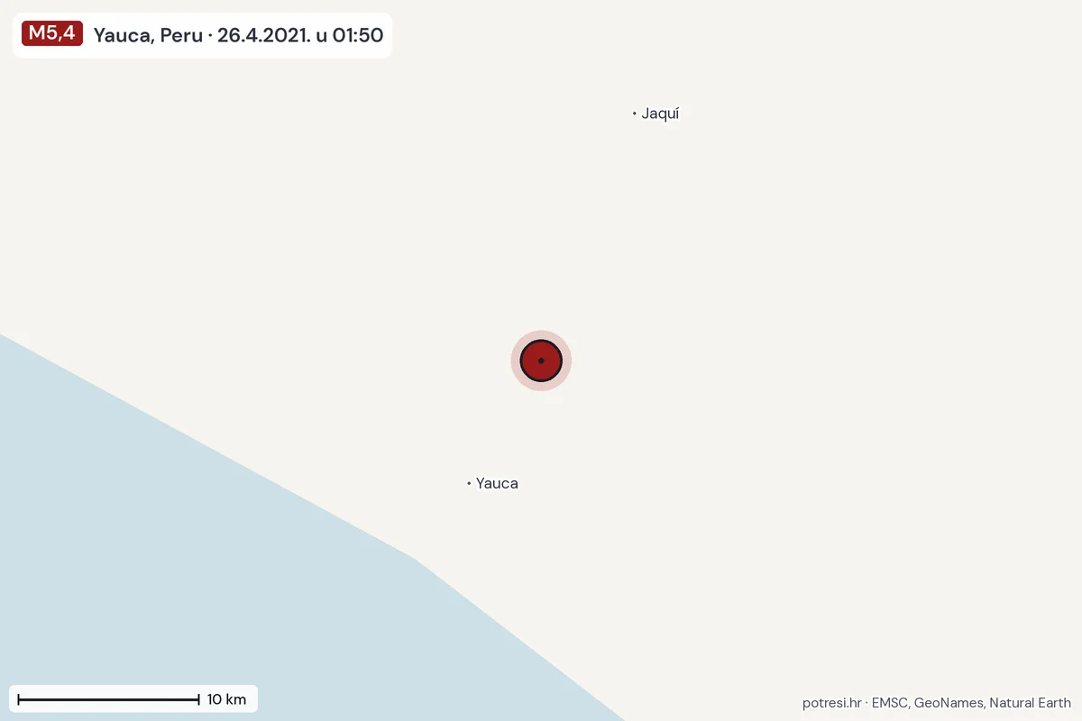 Karta: okolica epicentra, 60 km, potres M5,4, Yauca, Peru, 26.4.2021.
