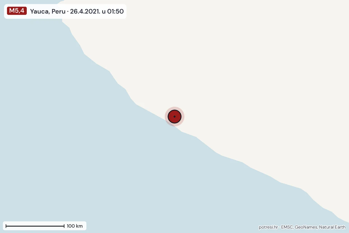 Karta: šire područje, 600 km, potres M5,4, Yauca, Peru, 26.4.2021.