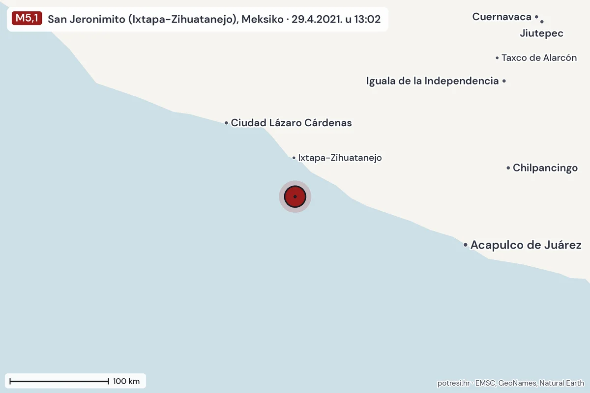 Karta: šire područje, 600 km, potres M5,1, San Jeronimito (Ixtapa-Zihuatanejo), Meksiko, 29.4.2021.