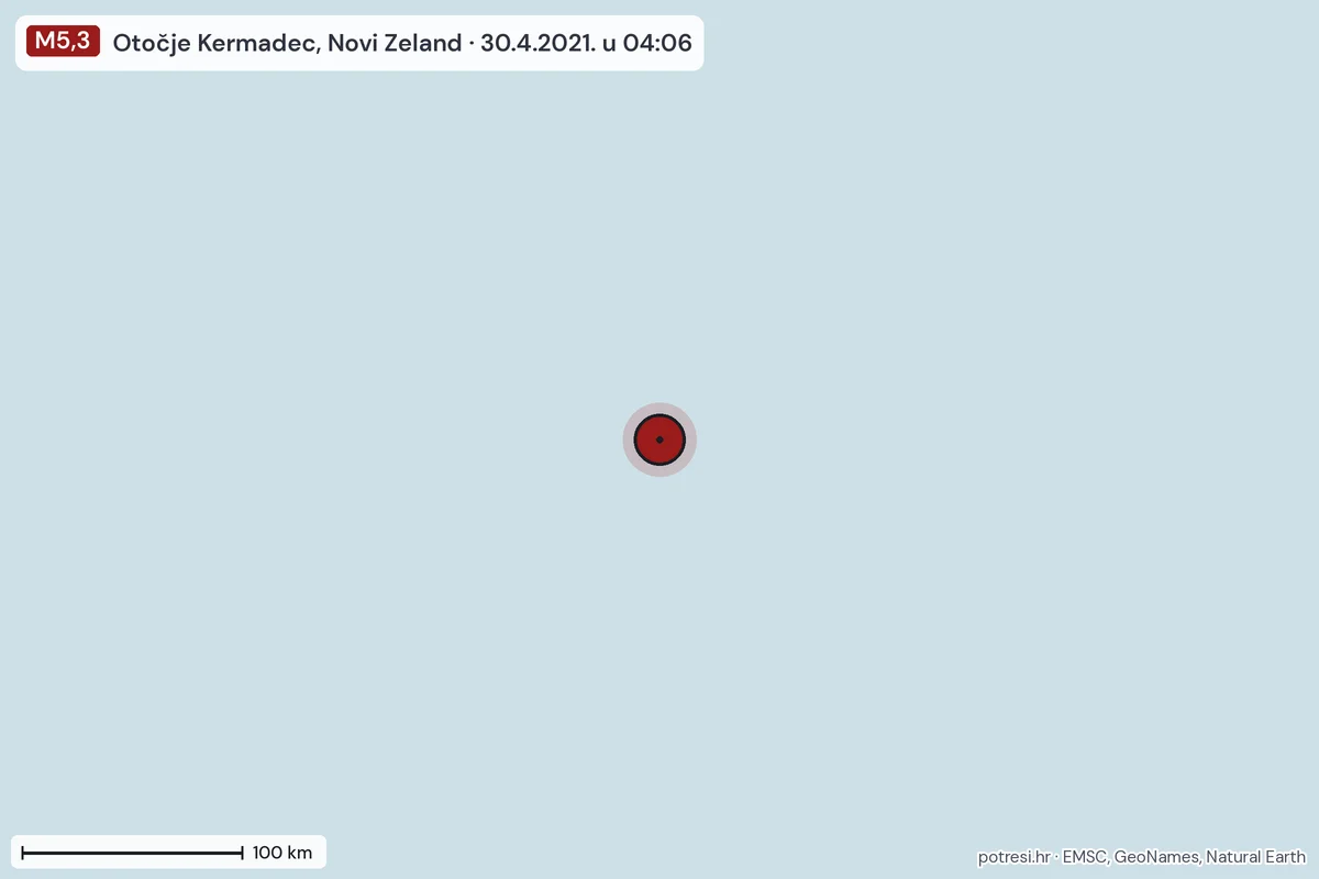 Karta: šire područje, 600 km, potres M5,3, Otočje Kermadec, Novi Zeland, 30.4.2021.