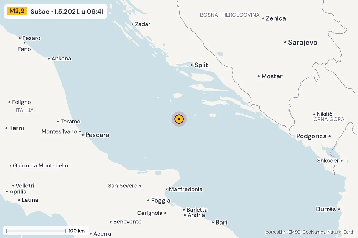 Karta: šire područje, 600 km, potres M2,9, Sušac, 1.5.2021.
