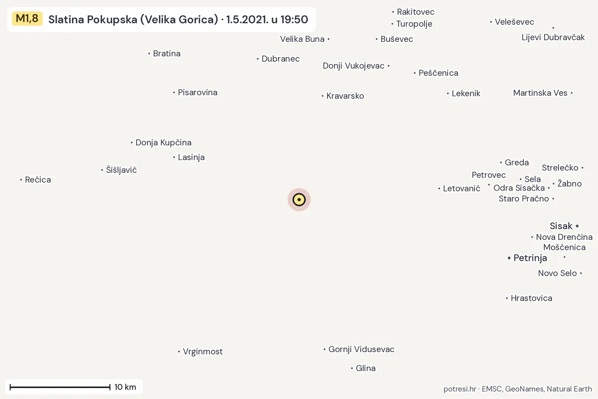 Karta: okolica epicentra, 60 km, potres M1,8, Slatina Pokupska (Velika Gorica), 1.5.2021.