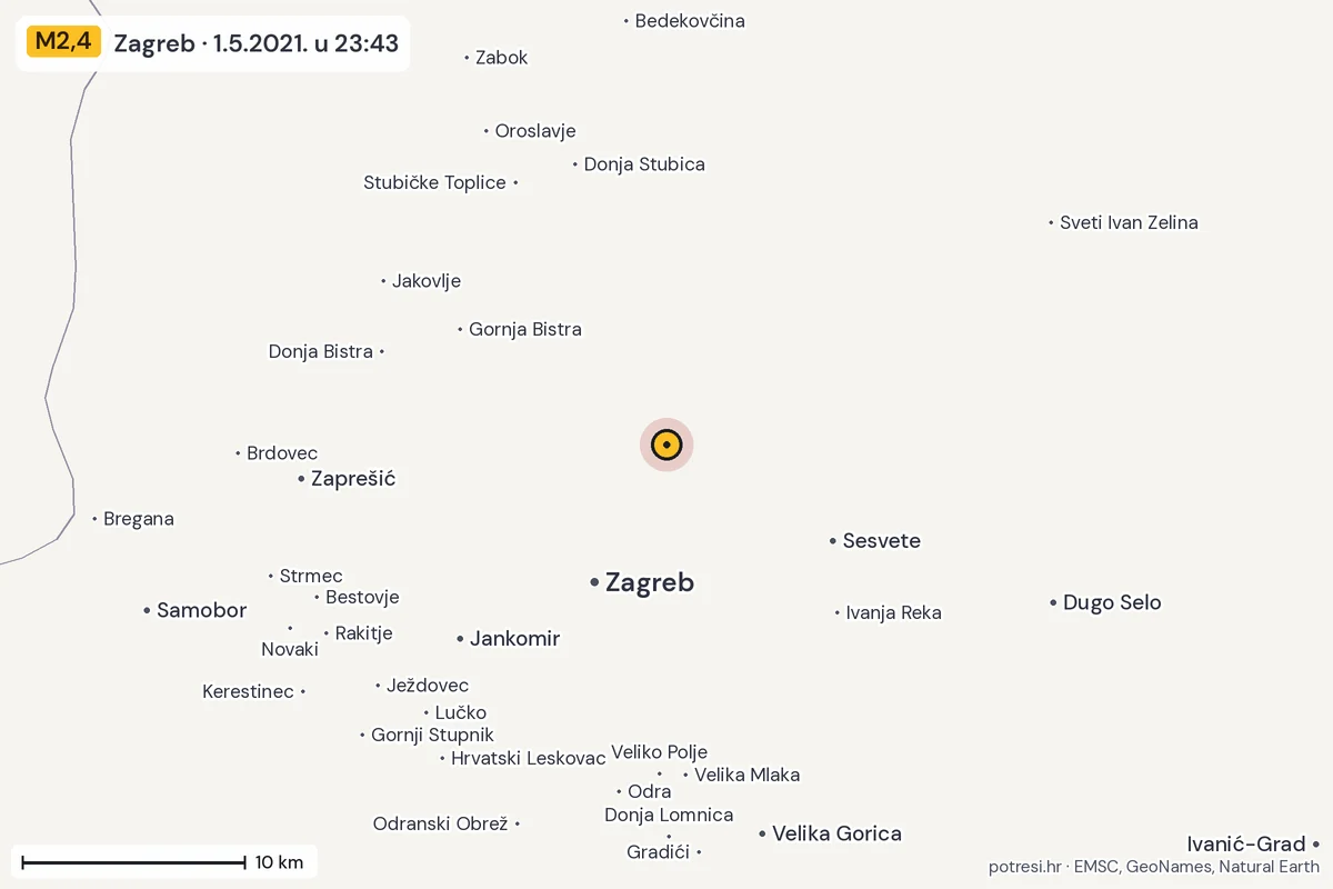 Karta: okolica epicentra, 60 km, potres M2,4, Zagreb, 1.5.2021.