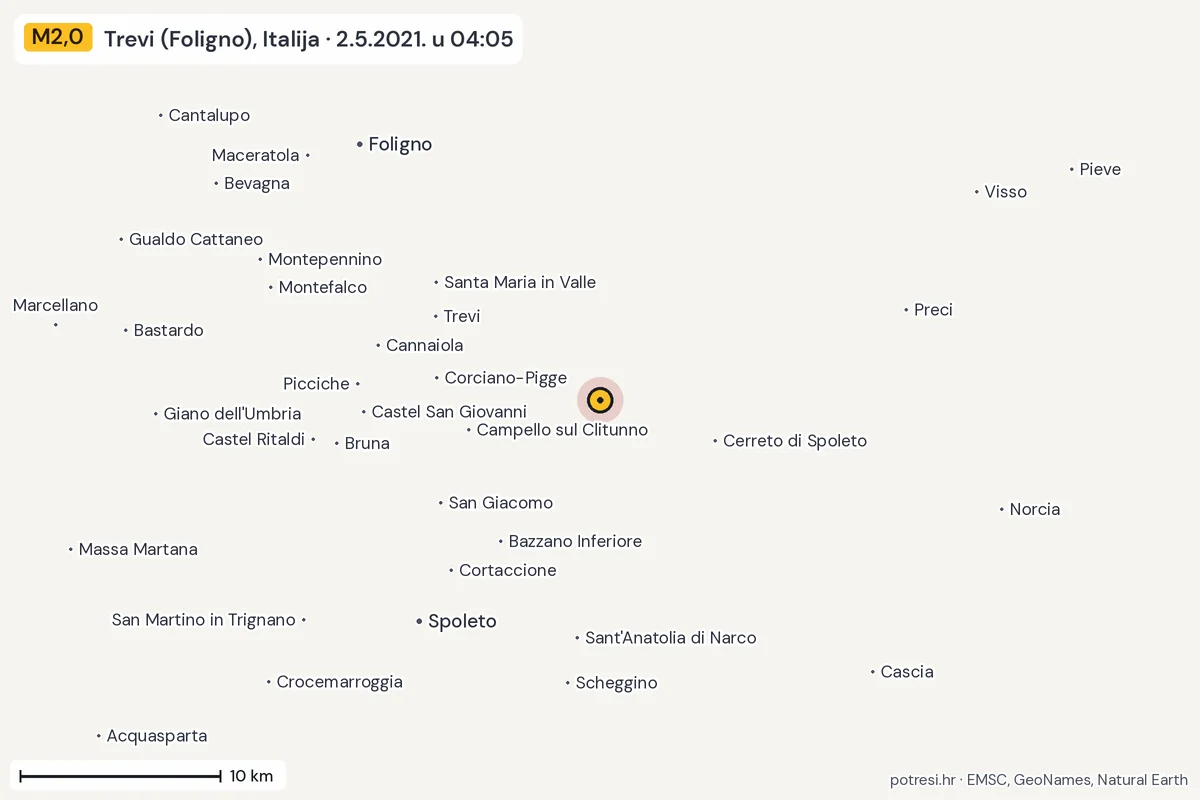 Karta: okolica epicentra, 60 km, potres M2,0, Trevi (Foligno), Italija, 2.5.2021.