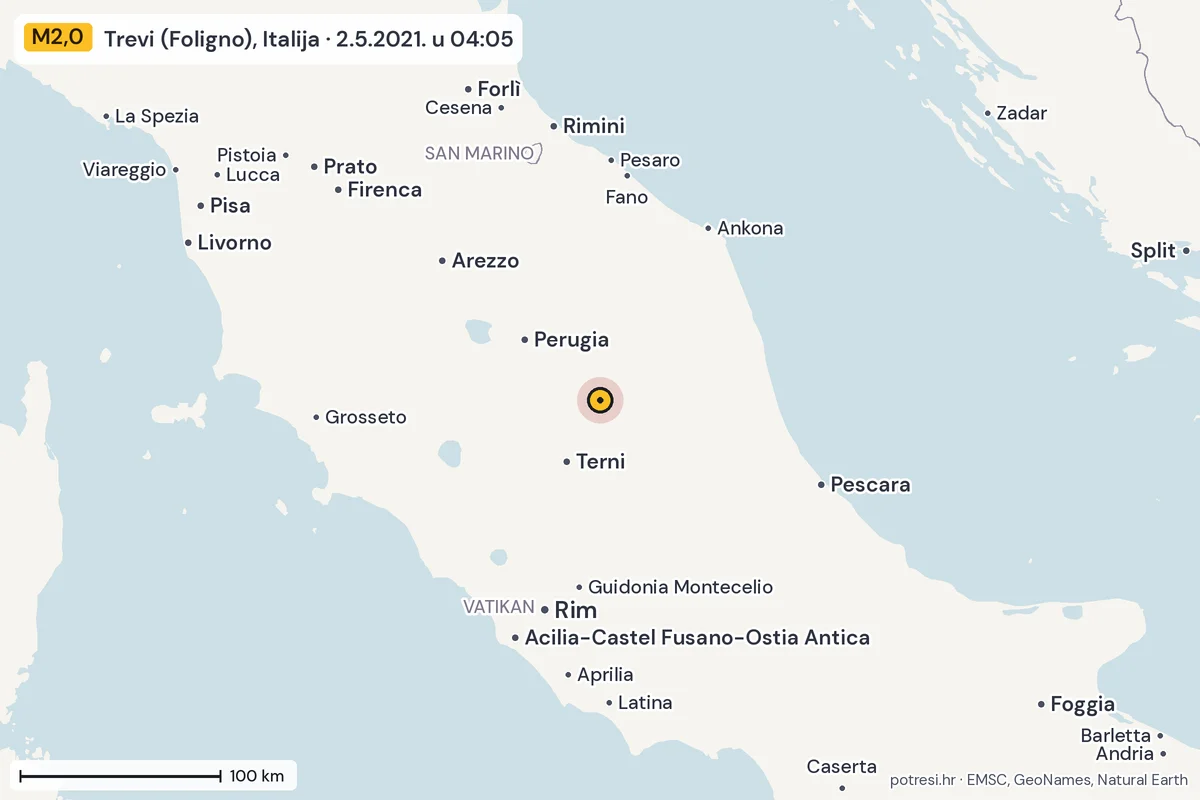 Karta: šire područje, 600 km, potres M2,0, Trevi (Foligno), Italija, 2.5.2021.