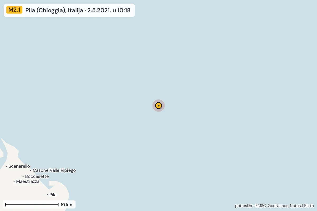 Karta: okolica epicentra, 60 km, potres M2,1, Pila (Chioggia), Italija, 2.5.2021.