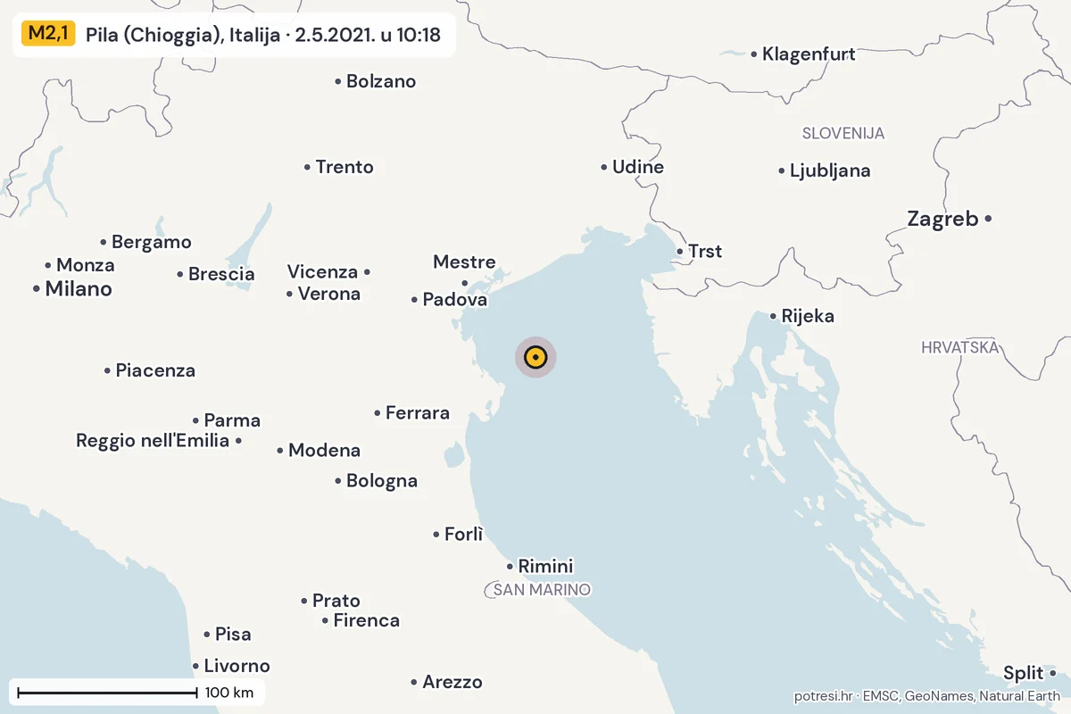 Karta: šire područje, 600 km, potres M2,1, Pila (Chioggia), Italija, 2.5.2021.
