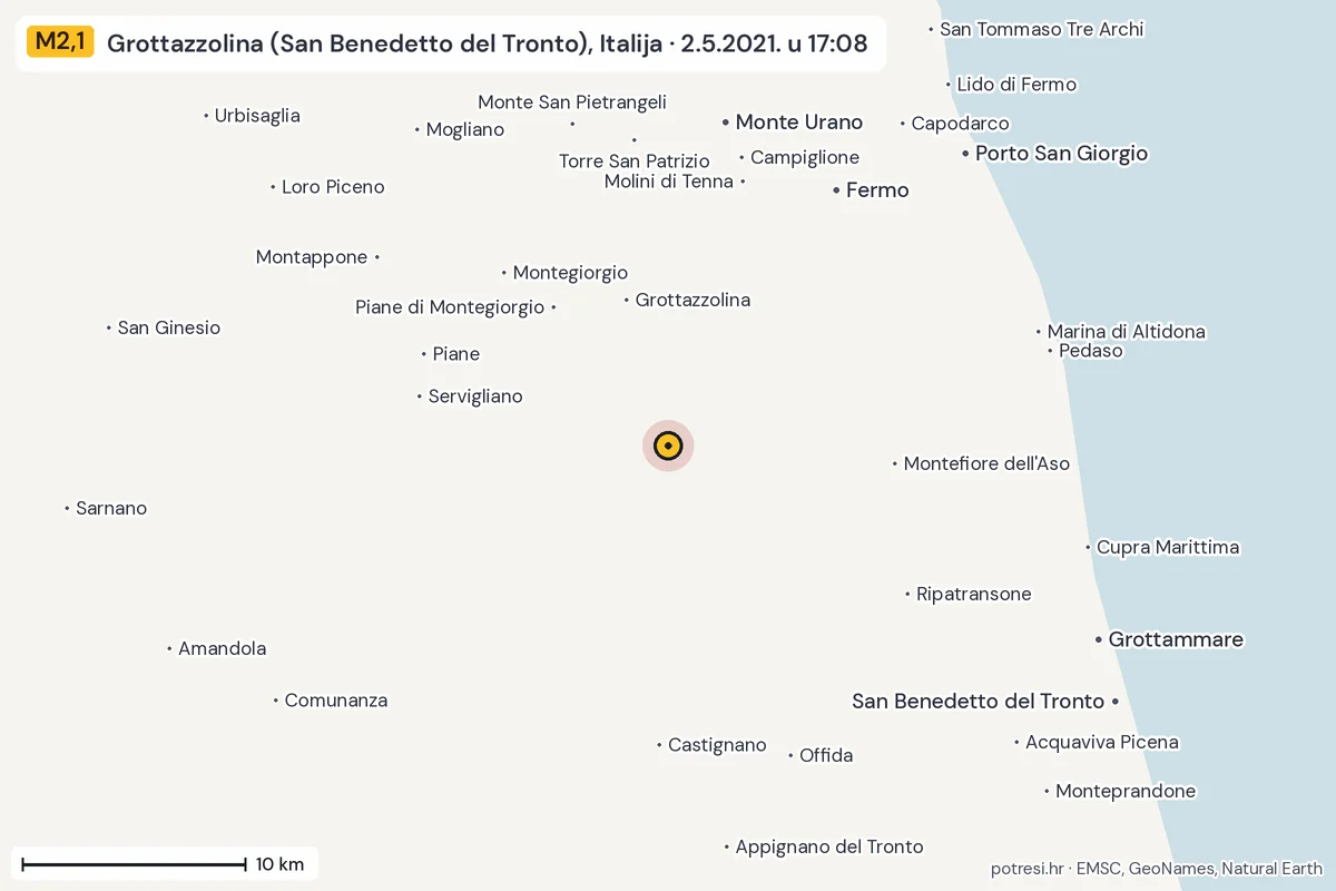 Karta: okolica epicentra, 60 km, potres M2,1, Grottazzolina (San Benedetto del Tronto), Italija, 2.5.2021.