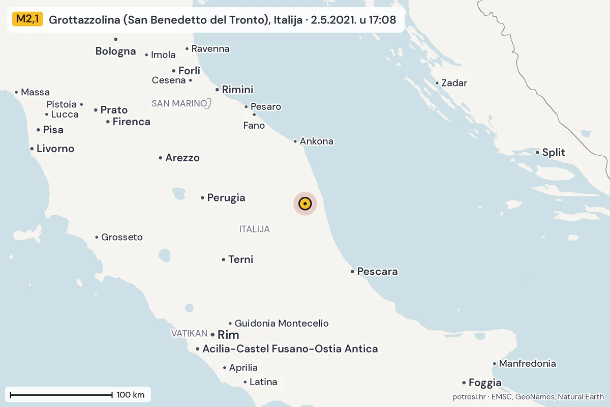 Karta: šire područje, 600 km, potres M2,1, Grottazzolina (San Benedetto del Tronto), Italija, 2.5.2021.