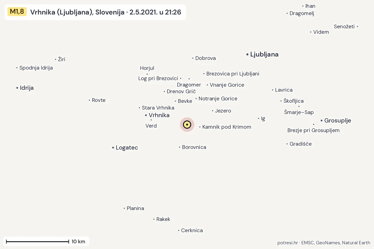 Karta: okolica epicentra, 60 km, potres M1,8, Vrhnika (Ljubljana), Slovenija, 2.5.2021.