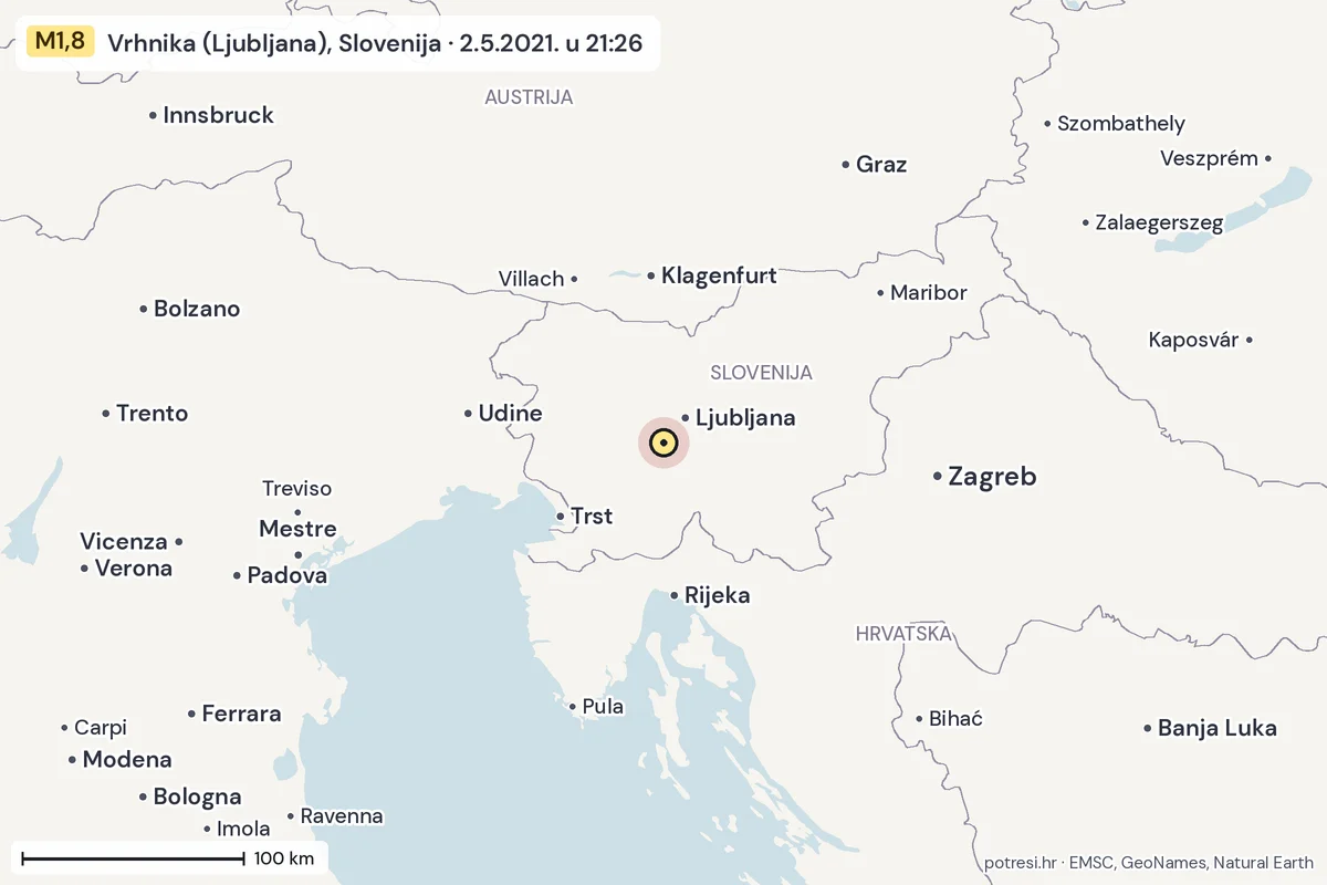 Karta: šire područje, 600 km, potres M1,8, Vrhnika (Ljubljana), Slovenija, 2.5.2021.