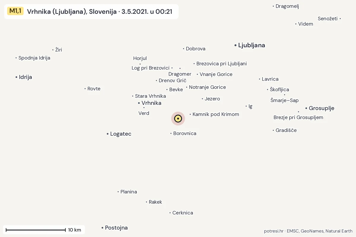 Karta: okolica epicentra, 60 km, potres M1,1, Vrhnika (Ljubljana), Slovenija, 3.5.2021.