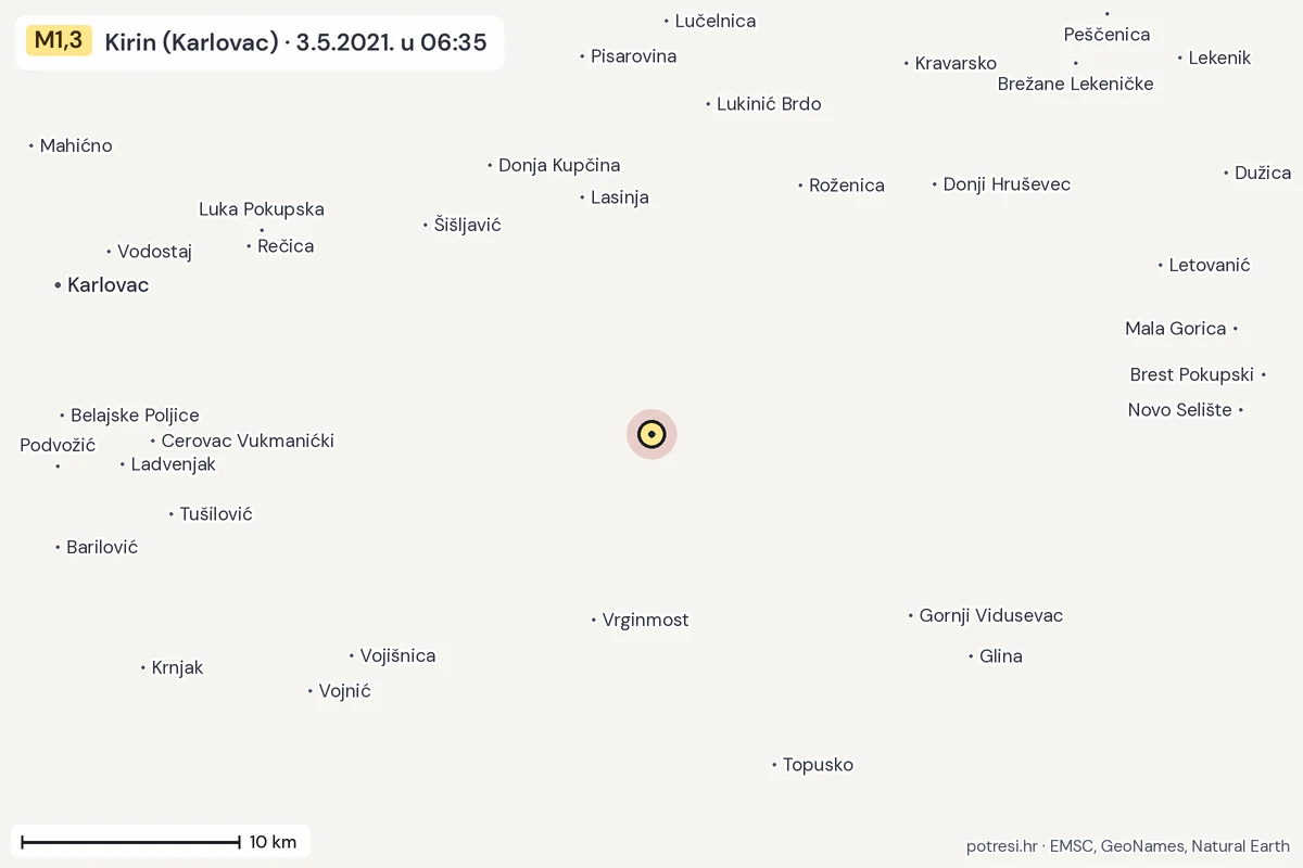 Karta: okolica epicentra, 60 km, potres M1,3, Kirin (Karlovac), 3.5.2021.