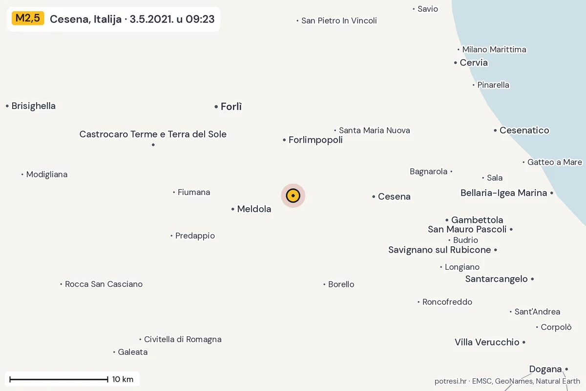 Karta: okolica epicentra, 60 km, potres M2,5, Cesena, Italija, 3.5.2021.