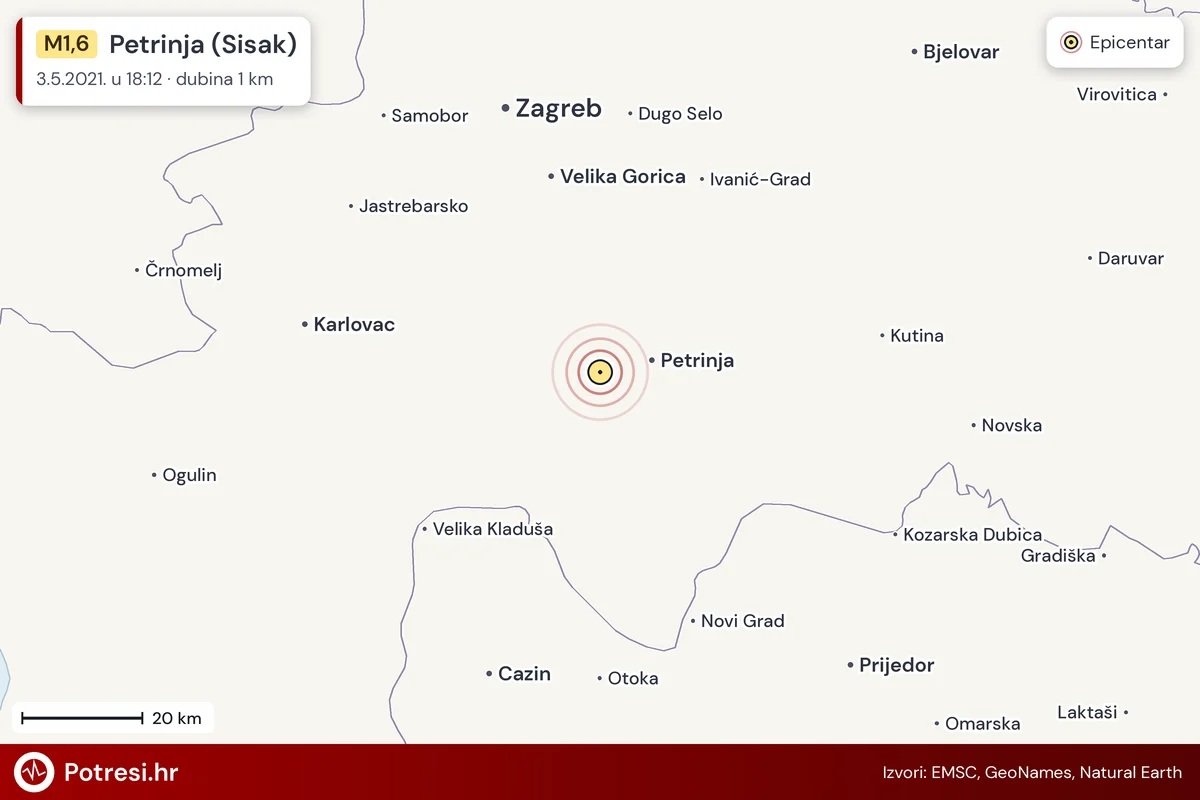 Karta: šire područje i vjerojatni doseg osjeta, potres M1,6, Petrinja (Sisak), 3.5.2021.