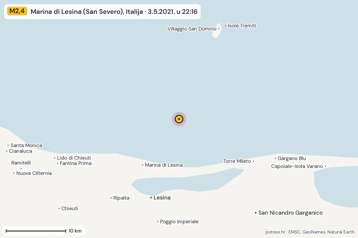 Karta: okolica epicentra, 60 km, potres M2,4, Marina di Lesina (San Severo), Italija, 3.5.2021.