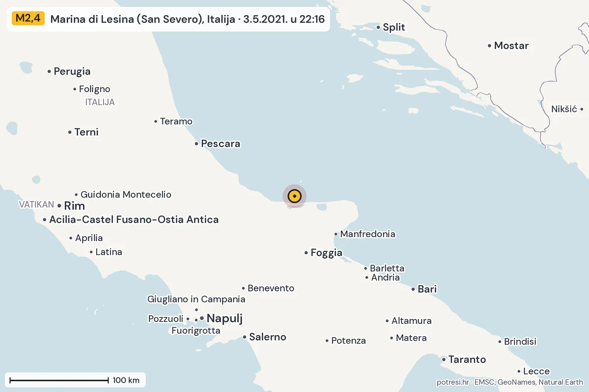 Karta: šire područje, 600 km, potres M2,4, Marina di Lesina (San Severo), Italija, 3.5.2021.