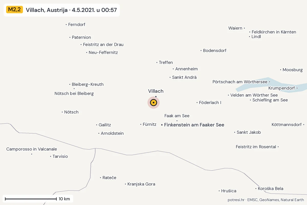 Karta: okolica epicentra, 60 km, potres M2,2, Villach, Austrija, 4.5.2021.
