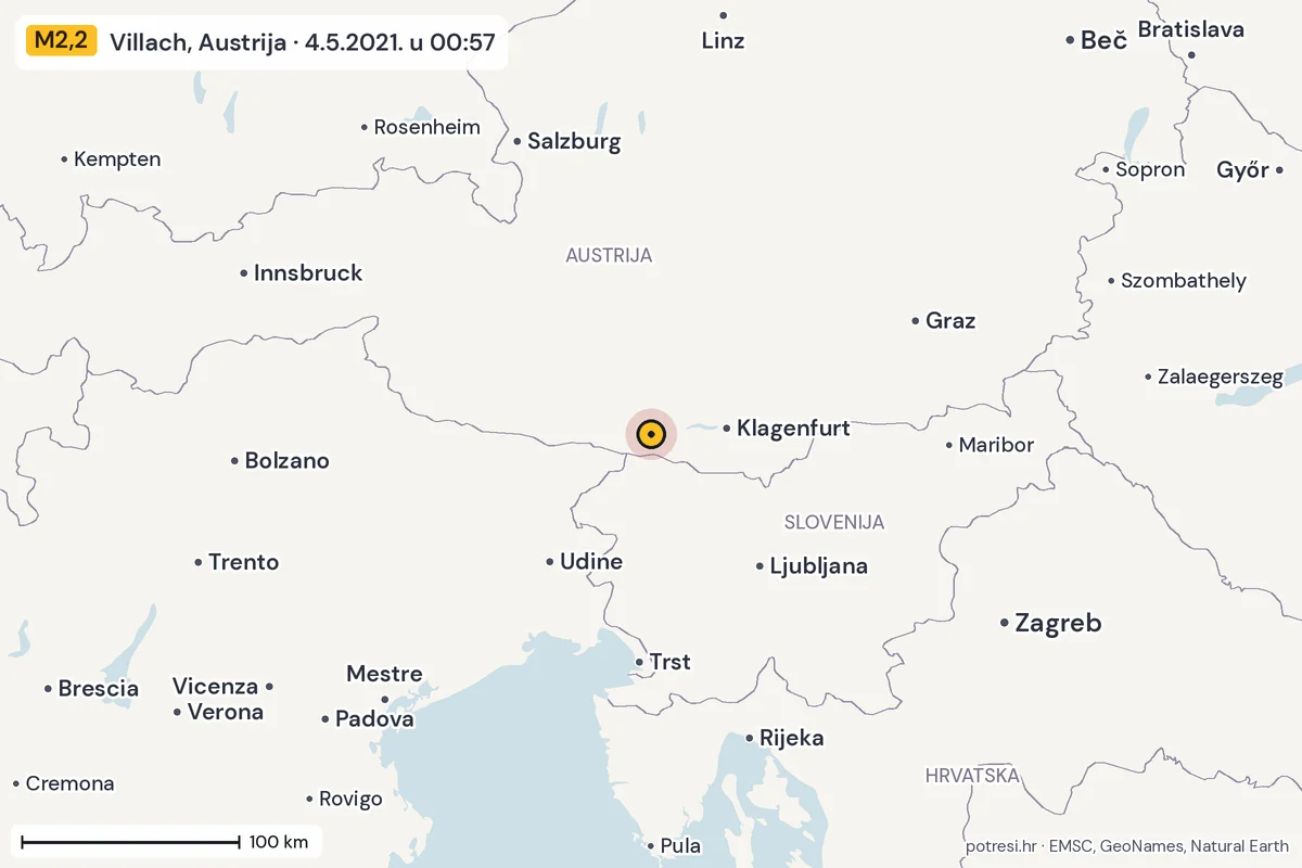 Karta: šire područje, 600 km, potres M2,2, Villach, Austrija, 4.5.2021.