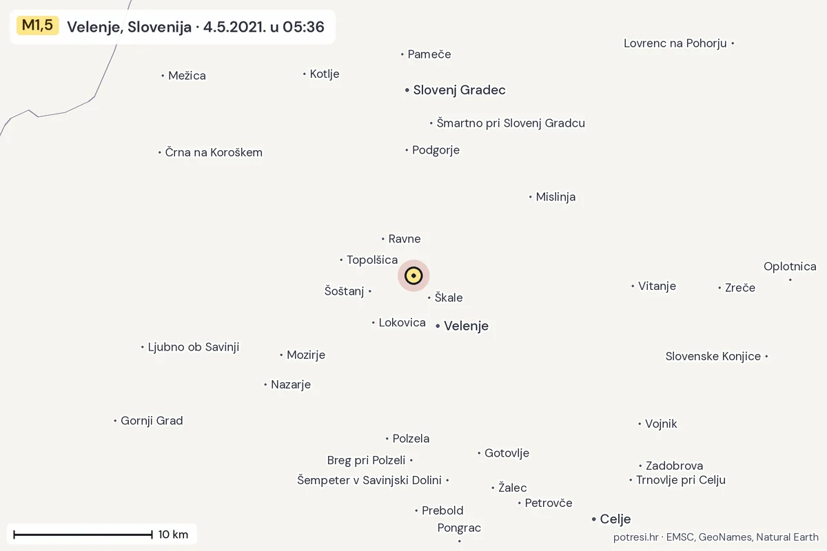 Karta: okolica epicentra, 60 km, potres M1,5, Velenje, Slovenija, 4.5.2021.