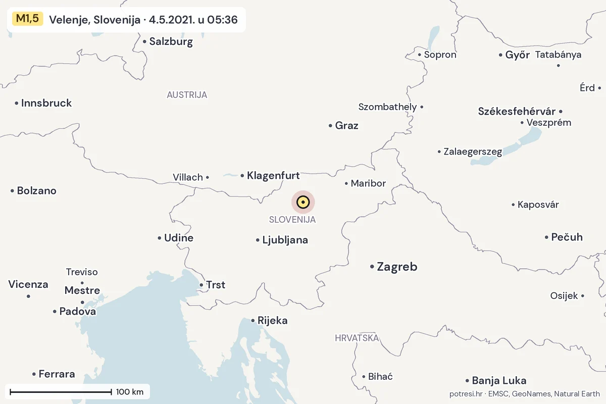 Karta: šire područje, 600 km, potres M1,5, Velenje, Slovenija, 4.5.2021.