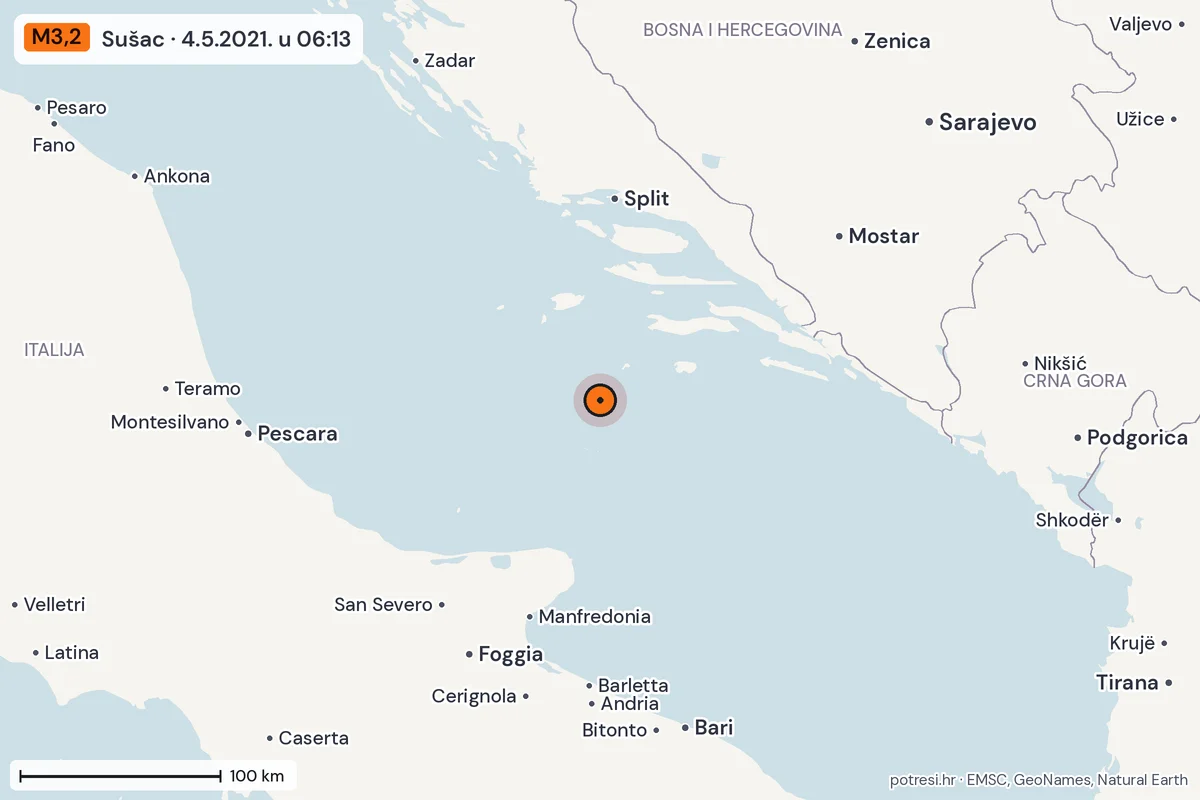 Karta: šire područje, 600 km, potres M3,2, Sušac, 4.5.2021.