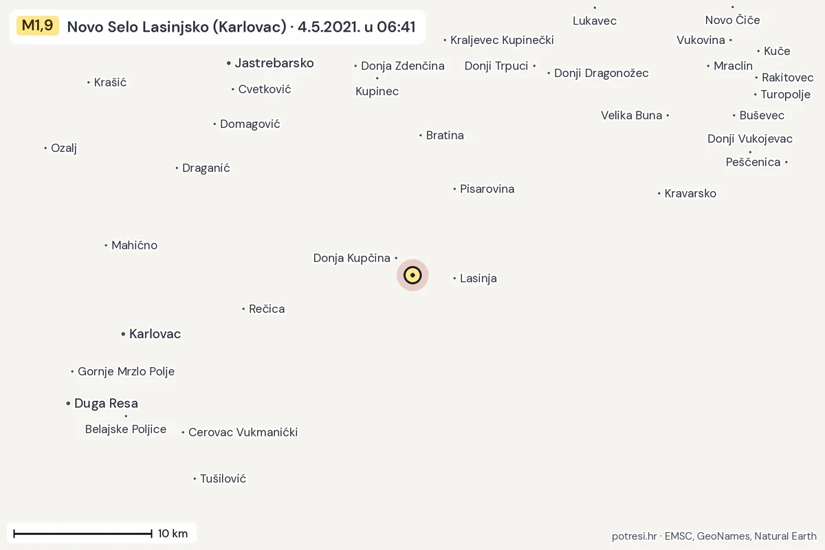 Karta: okolica epicentra, 60 km, potres M1,9, Novo Selo Lasinjsko (Karlovac), 4.5.2021.