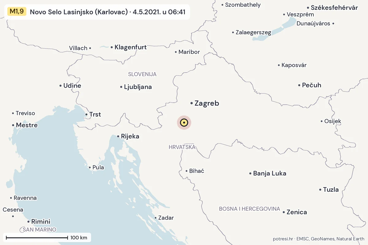 Karta: šire područje, 600 km, potres M1,9, Novo Selo Lasinjsko (Karlovac), 4.5.2021.