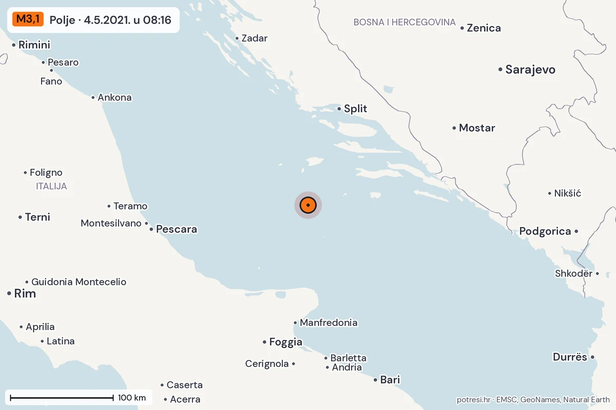 Karta: šire područje, 600 km, potres M3,1, Polje, 4.5.2021.