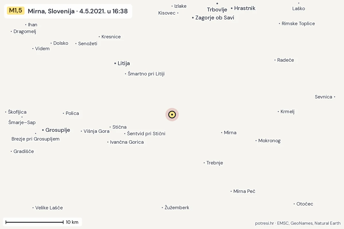 Karta: okolica epicentra, 60 km, potres M1,5, Mirna, Slovenija, 4.5.2021.