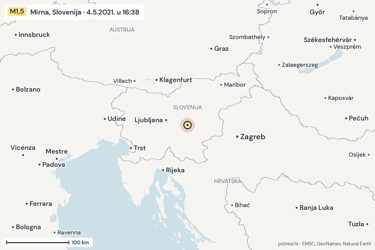 Karta: šire područje, 600 km, potres M1,5, Mirna, Slovenija, 4.5.2021.