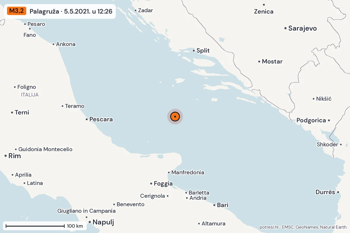 Karta: šire područje, 600 km, potres M3,2, Palagruža, 5.5.2021.