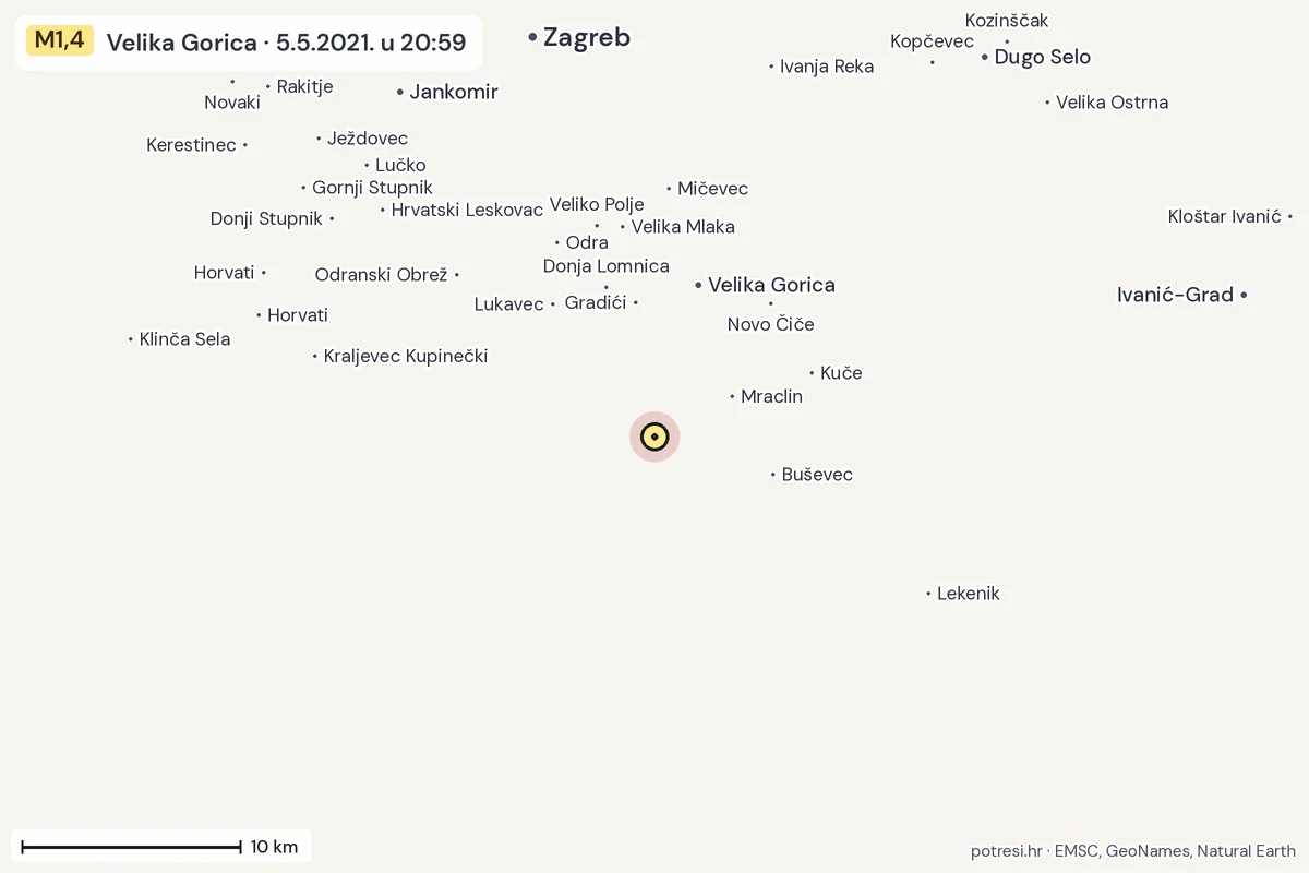 Karta: okolica epicentra, 60 km, potres M1,4, Velika Gorica, 5.5.2021.