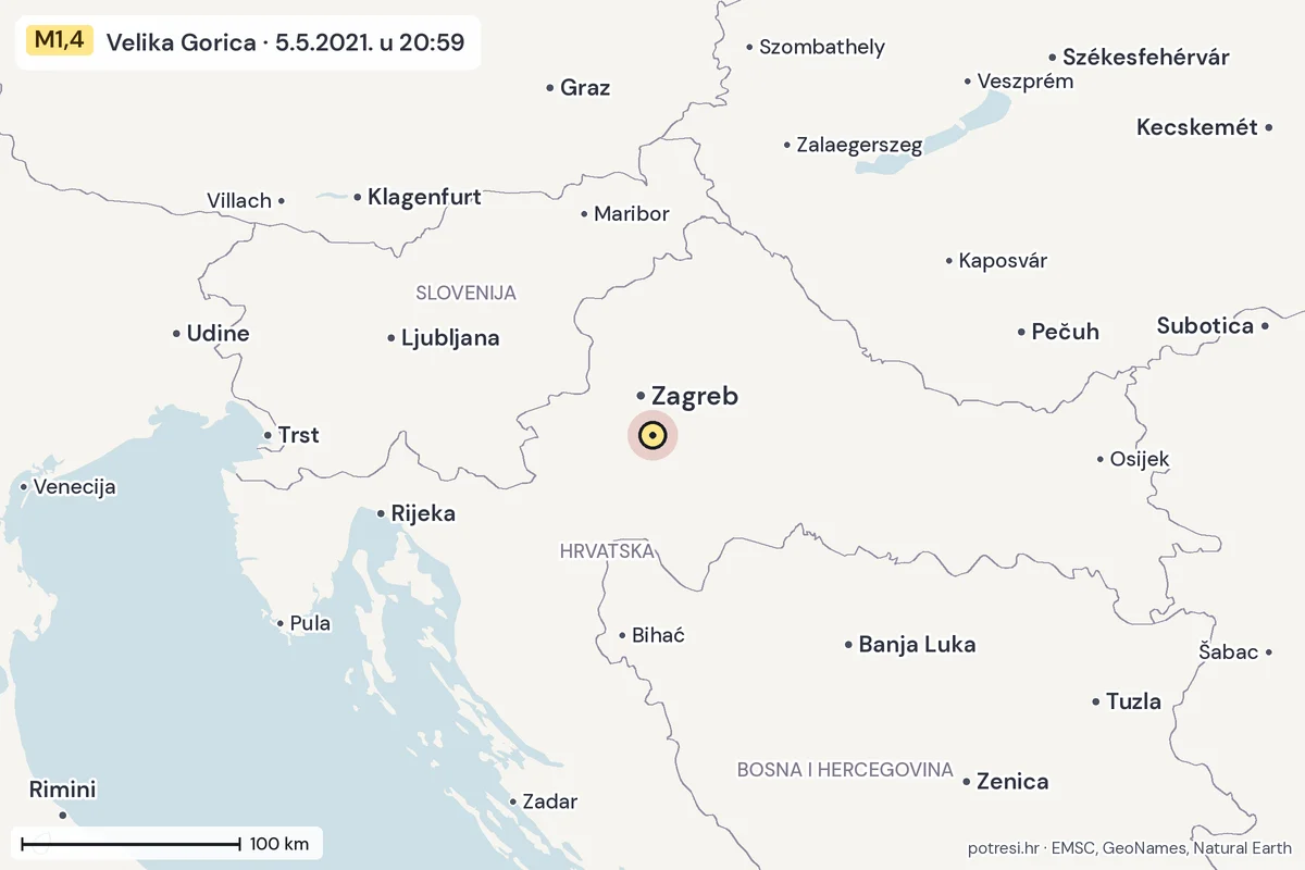 Karta: šire područje, 600 km, potres M1,4, Velika Gorica, 5.5.2021.