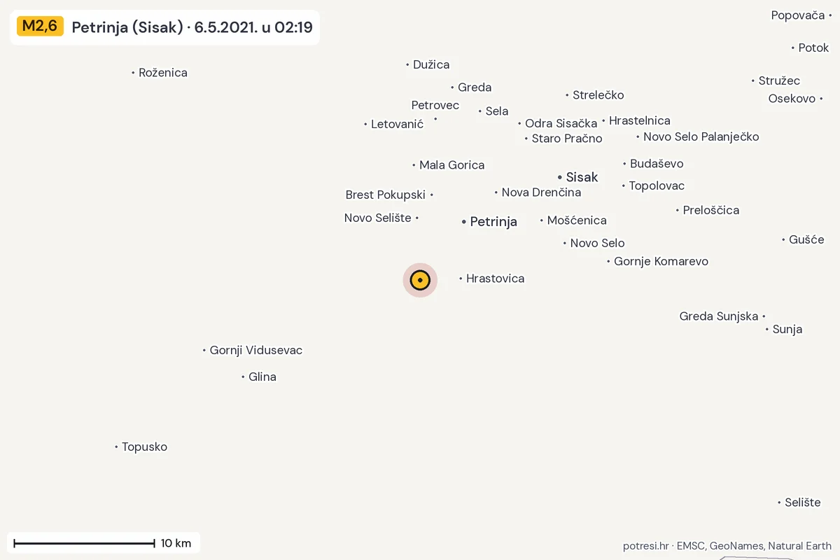 Karta: okolica epicentra, 60 km, potres M2,6, Petrinja (Sisak), 6.5.2021.