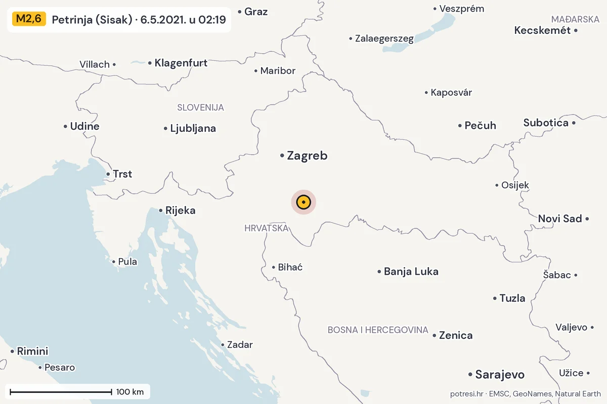 Karta: šire područje, 600 km, potres M2,6, Petrinja (Sisak), 6.5.2021.