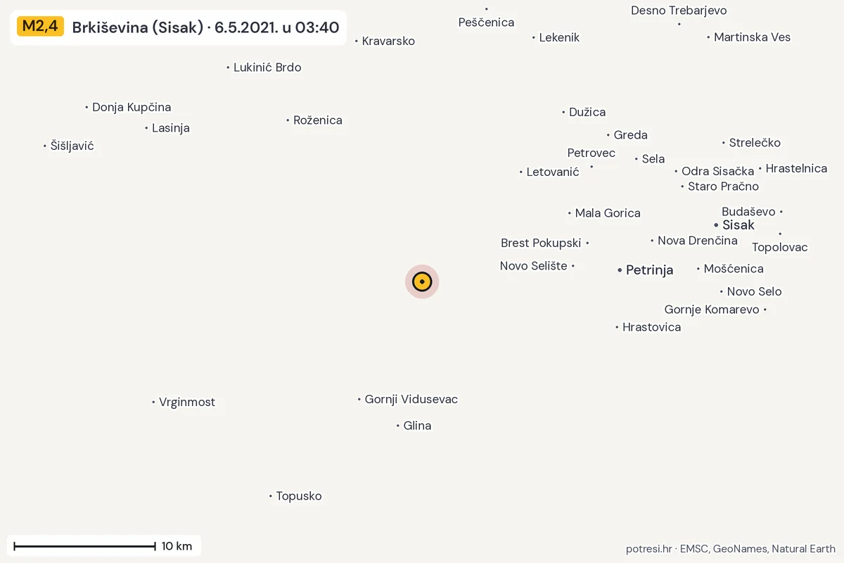 Karta: okolica epicentra, 60 km, potres M2,4, Brkiševina (Sisak), 6.5.2021.