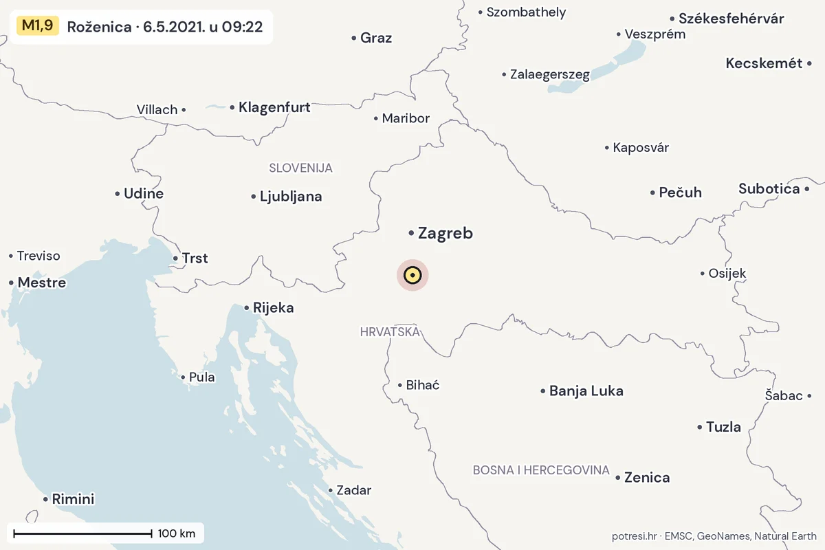 Karta: šire područje, 600 km, potres M1,9, Roženica, 6.5.2021.