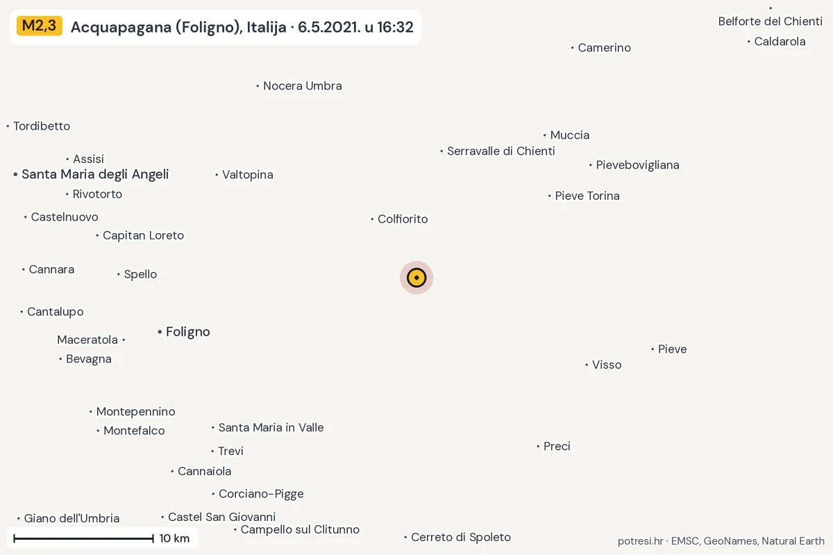 Karta: okolica epicentra, 60 km, potres M2,3, Acquapagana (Foligno), Italija, 6.5.2021.