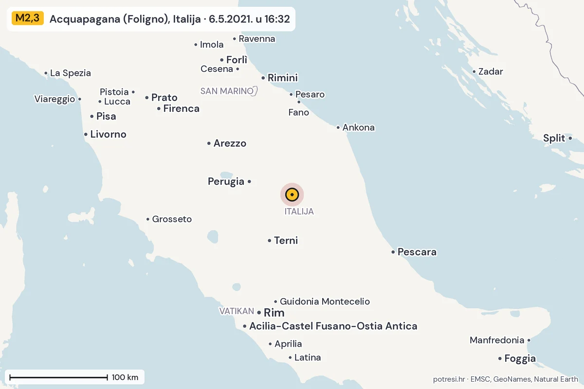Karta: šire područje, 600 km, potres M2,3, Acquapagana (Foligno), Italija, 6.5.2021.