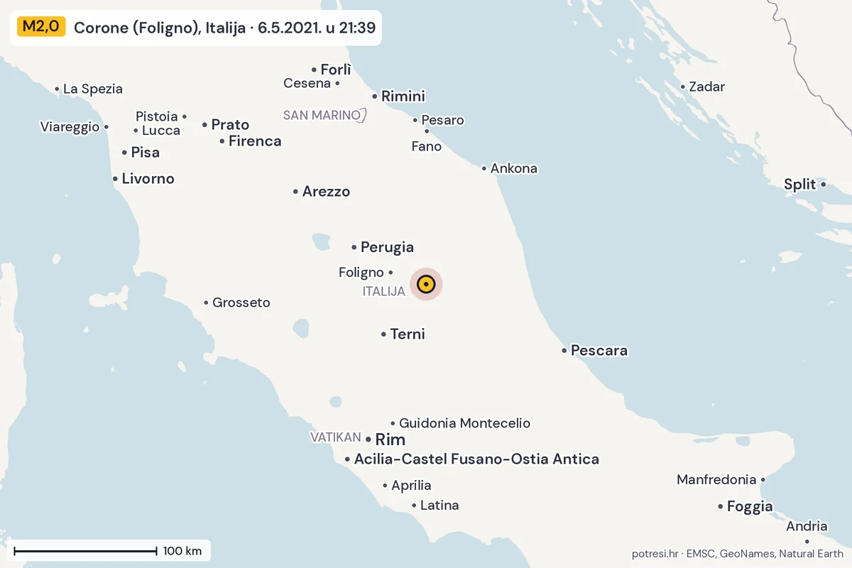 Karta: šire područje, 600 km, potres M2,0, Corone (Foligno), Italija, 6.5.2021.