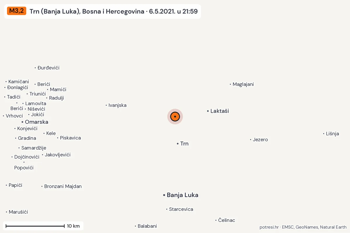 Karta: okolica epicentra, 60 km, potres M3,2, Trn (Banja Luka), Bosna i Hercegovina, 6.5.2021.
