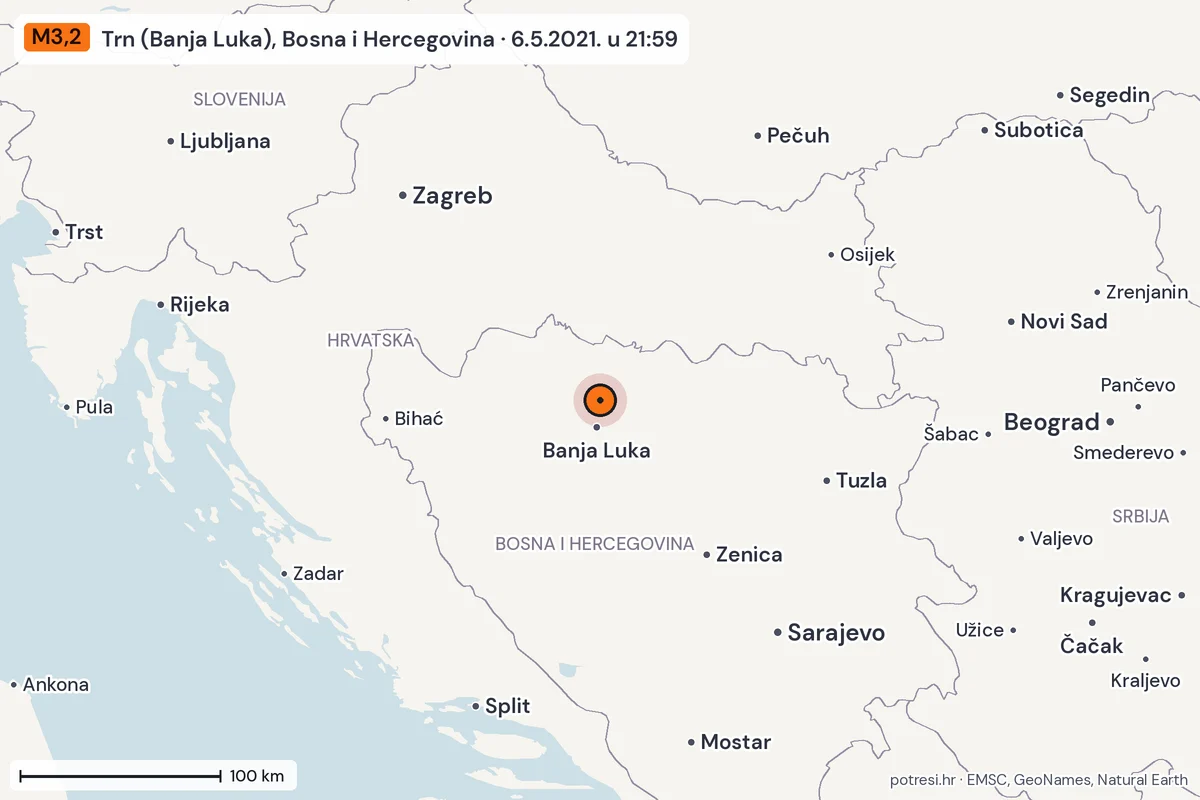 Karta: šire područje, 600 km, potres M3,2, Trn (Banja Luka), Bosna i Hercegovina, 6.5.2021.